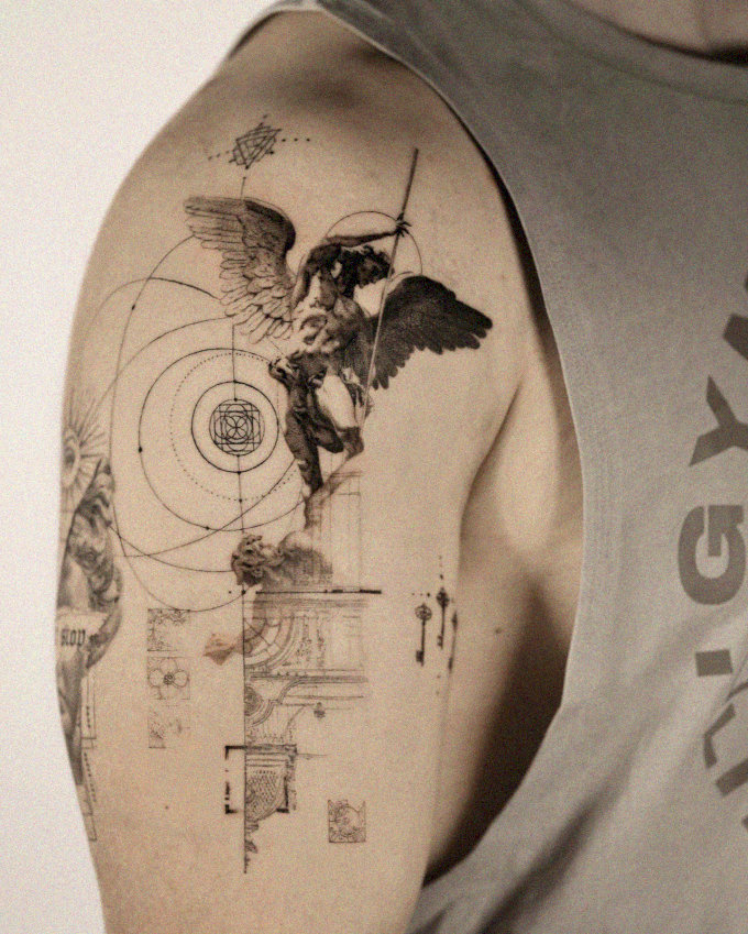 Angelic Figure and Geometry Tattoo Portrait