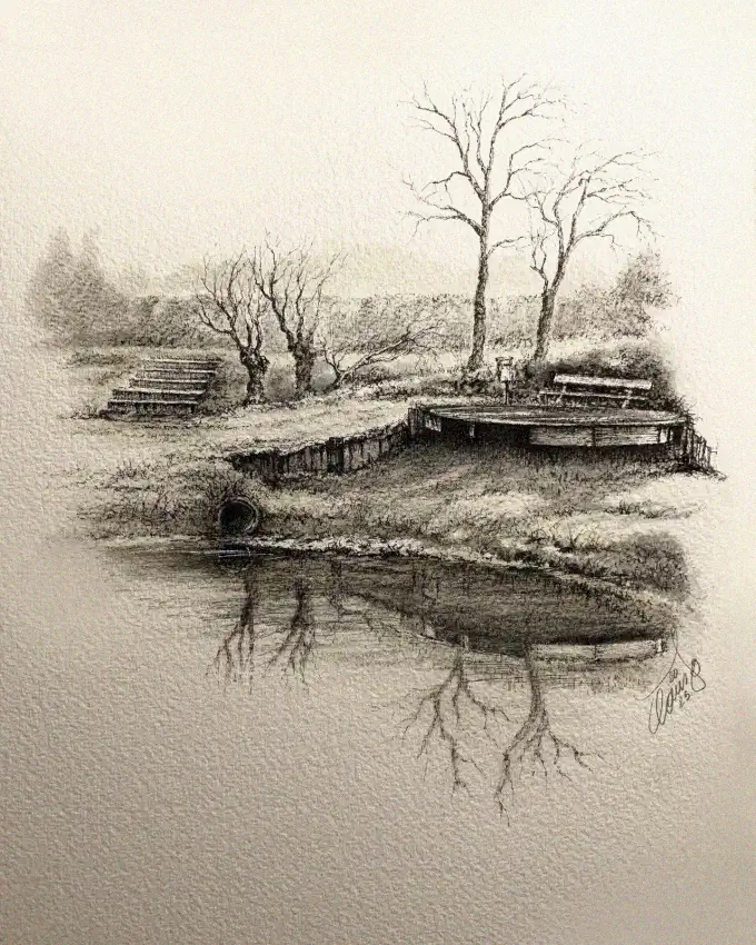 Bare Tree and Weathered Dock Serenity