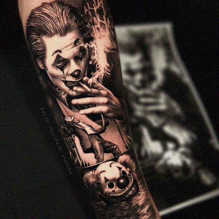 Whimsical Clown Tattoo amidst Eerie Details